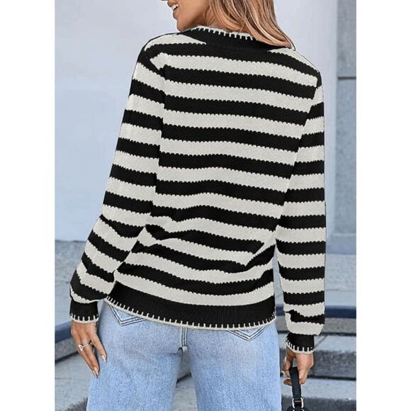 Women’s Sidefeel Black & White Striped Button-Down Cardigan Sweater–Size L - Picture 2 of 2